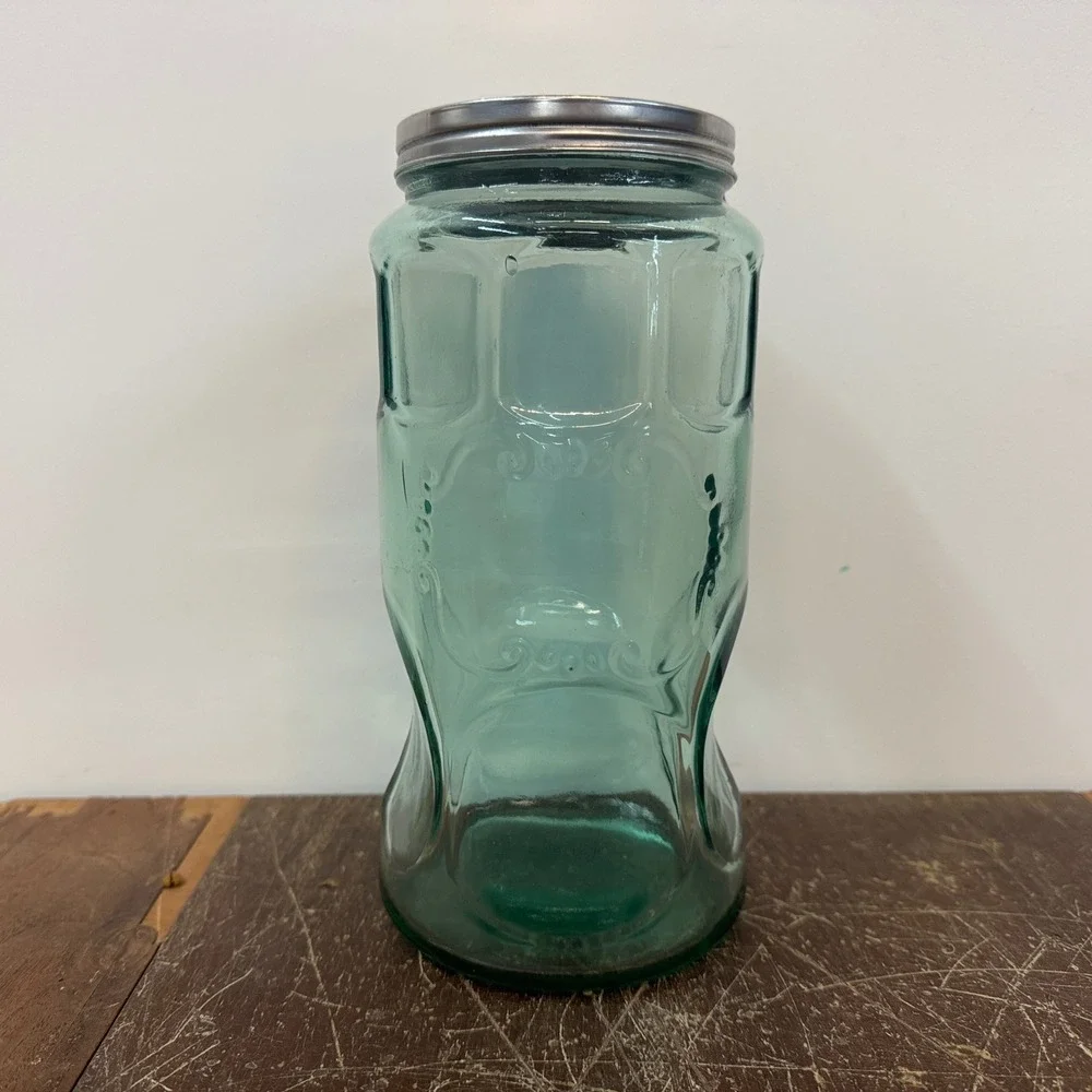 Vintage Aqua Green Glass‎ Storage Jar with Metal Lid Tall Kitchen Decor